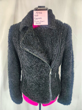Express Women's Black Deep Pile Fleece Asymmetrical Zip Moto Biker Jacket Size S